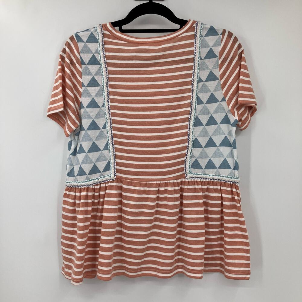 Entro Blue Orange White Stripe Triangle Rope Trim Short Sleeve Peplum Top Shirt - Picture 3 of 6